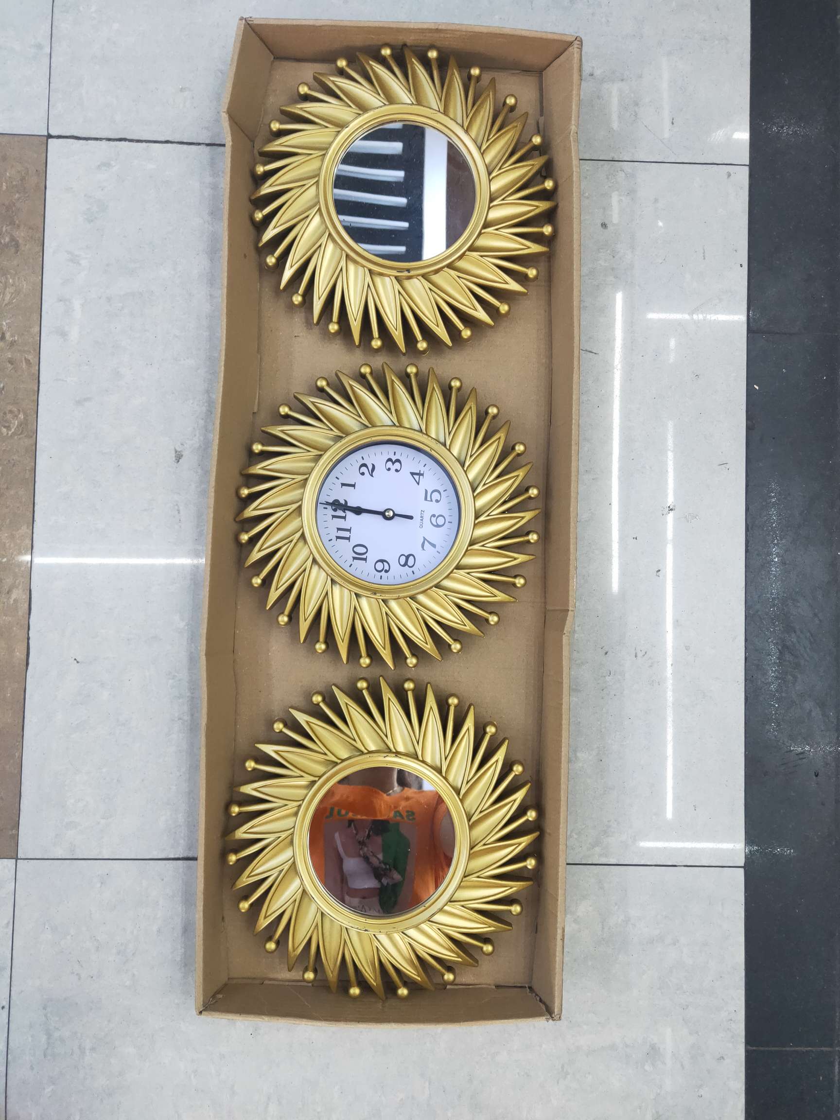 European wall clock two mirrors one clock decoration, thumbnail