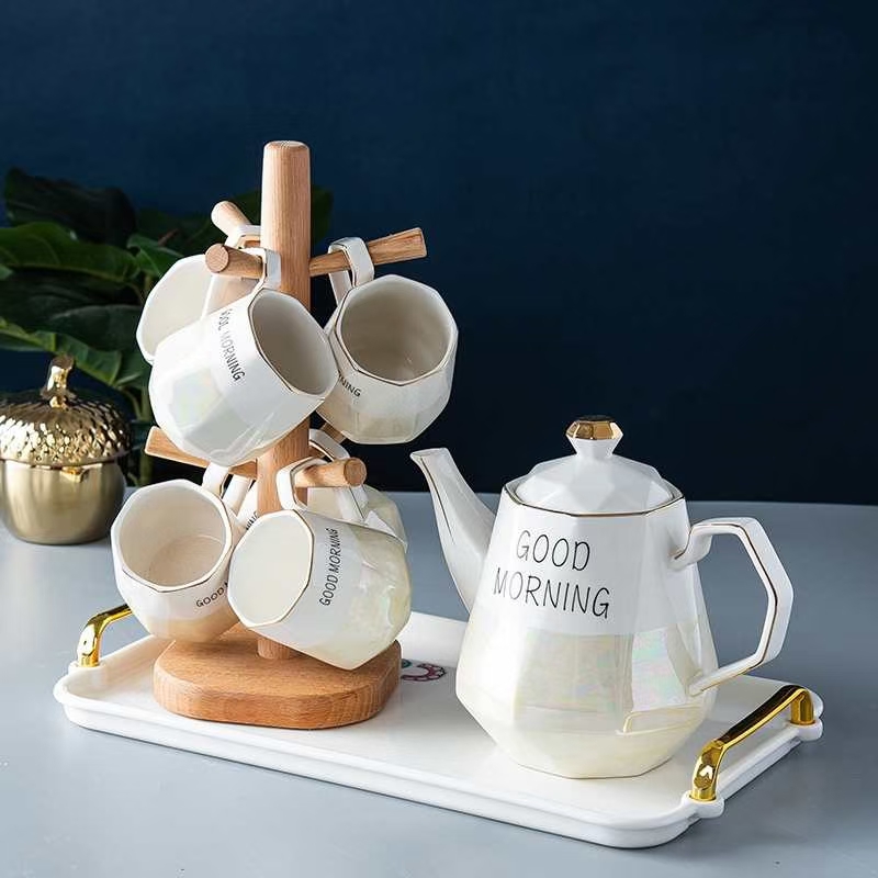 Jun Gong ceramics water set coffee set with painted gold with wooden stand cup holder creative coffee pot with tray thumbnail