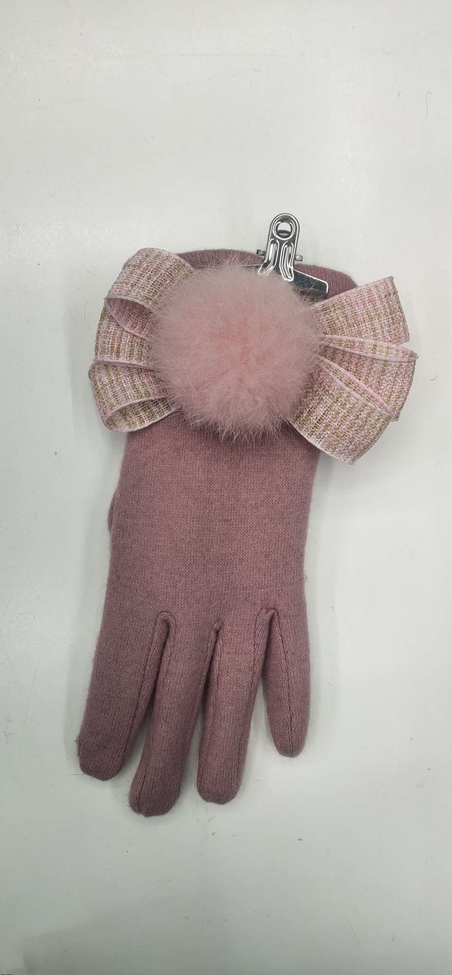 羊绒蝴蝶结毛球手套