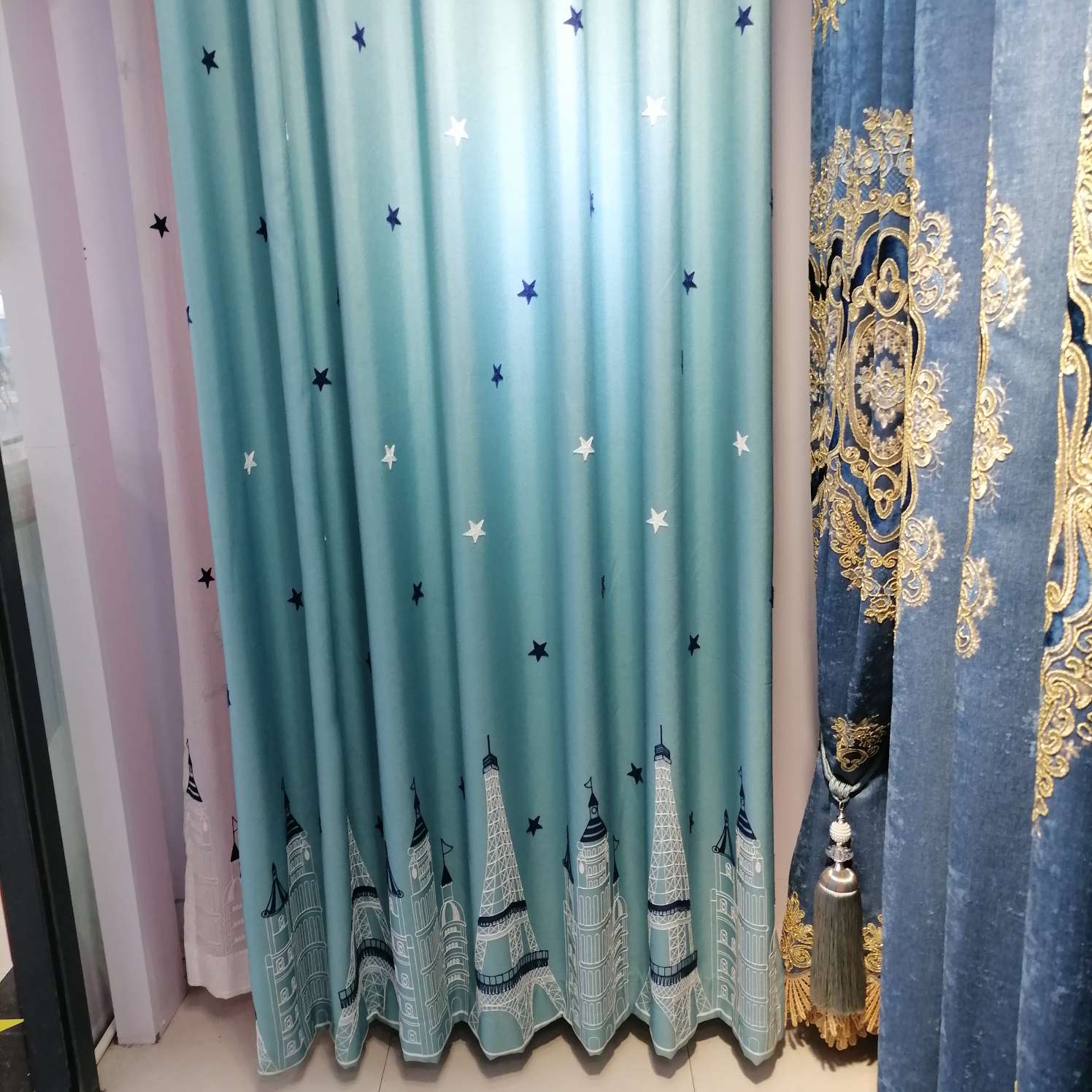 新款厂家直销零售批发各种颜色麻料窗帘布星星铁塔