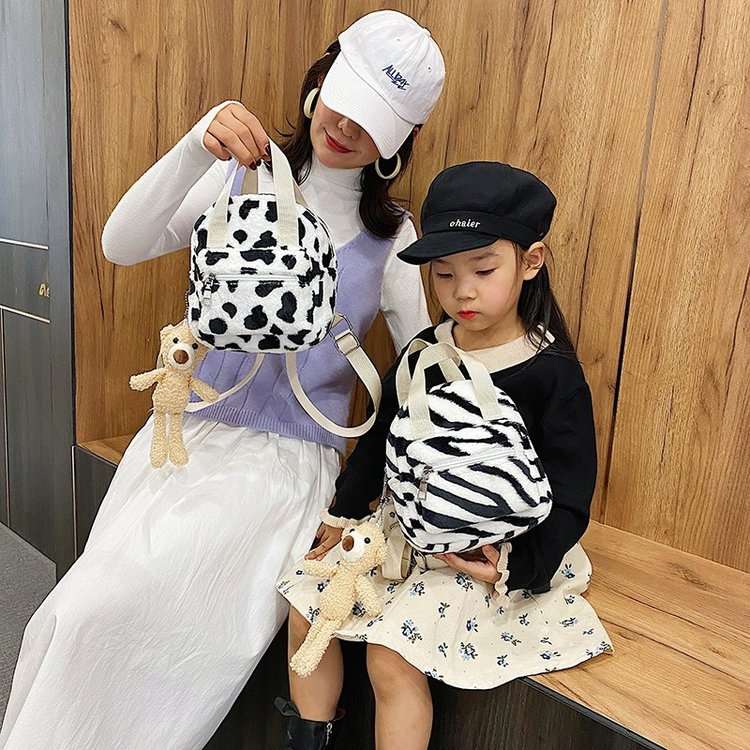 New Winter Fur Bag, Zebra Print Bag, Children's Backpack, Parent-Child Bag, Handbag, Shoulder Bag details Picture