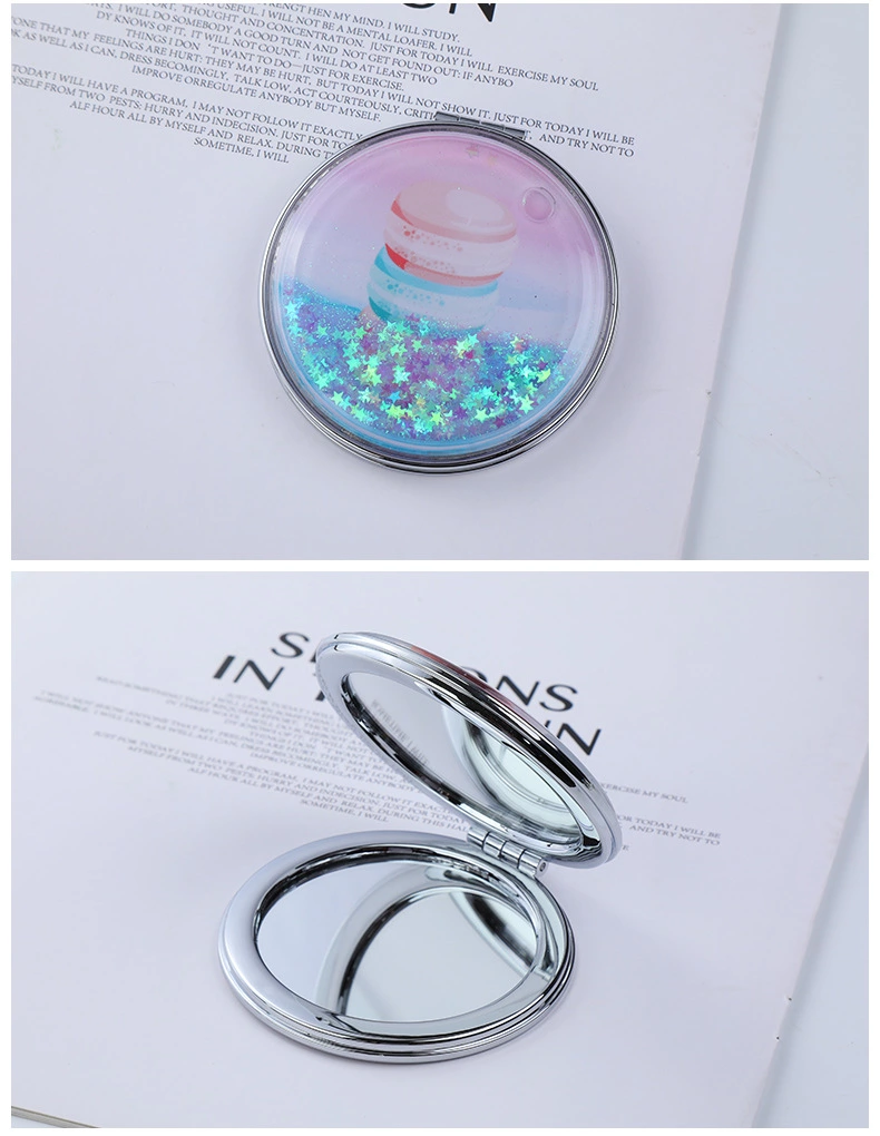 厂家批发 便携式圆形流沙公主化妆可折叠玻璃小镜子 可加工定制白底实物图