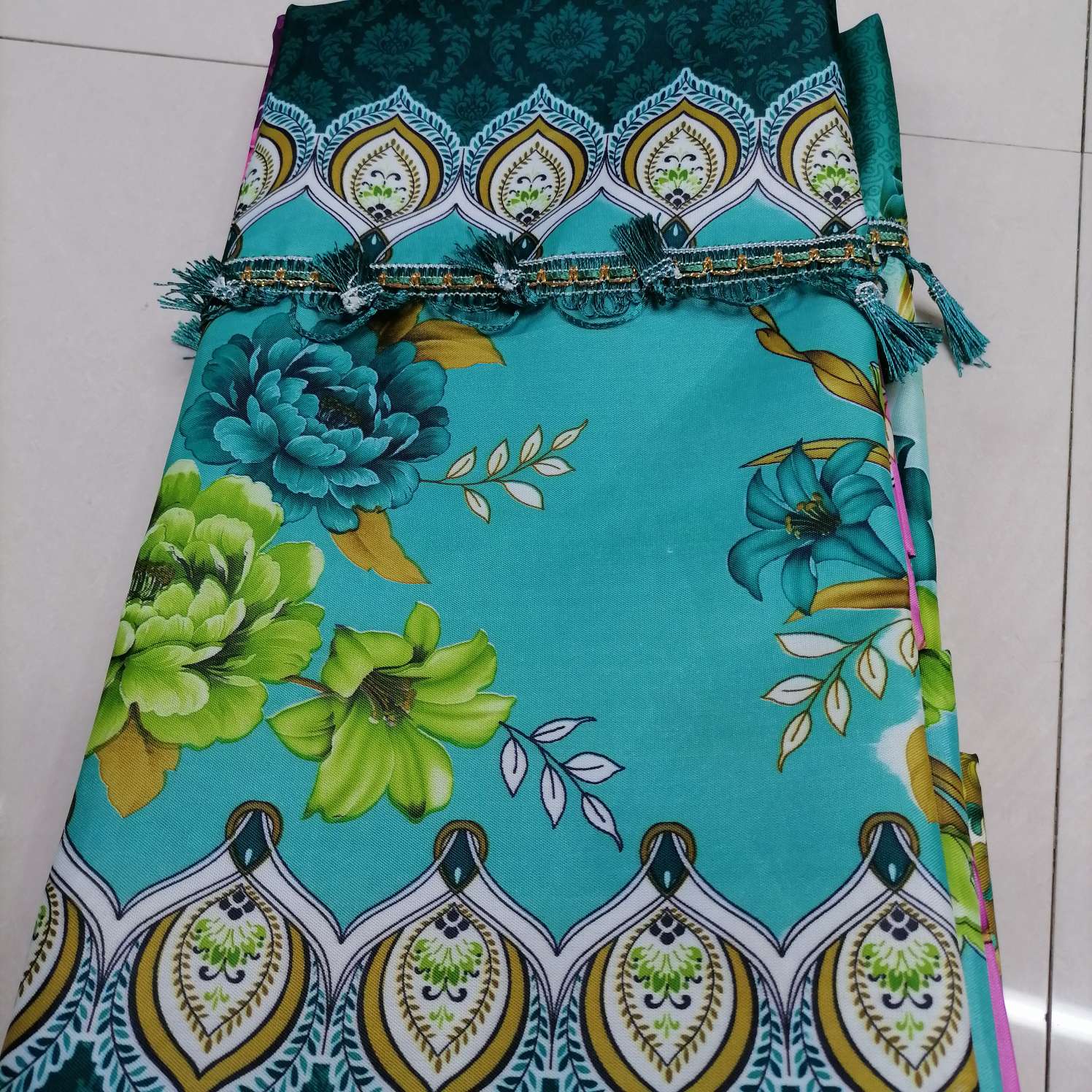 Printed curtain fabric with green peonies