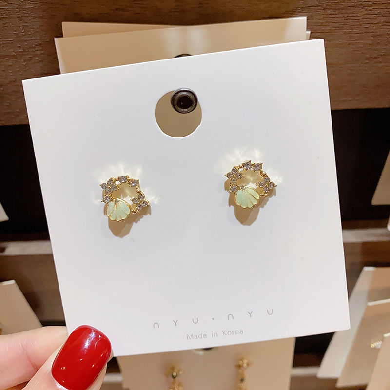 Summer shell face thin earrings Korea fashion small fresh temperament earrings Creative design circle diamond jewelry