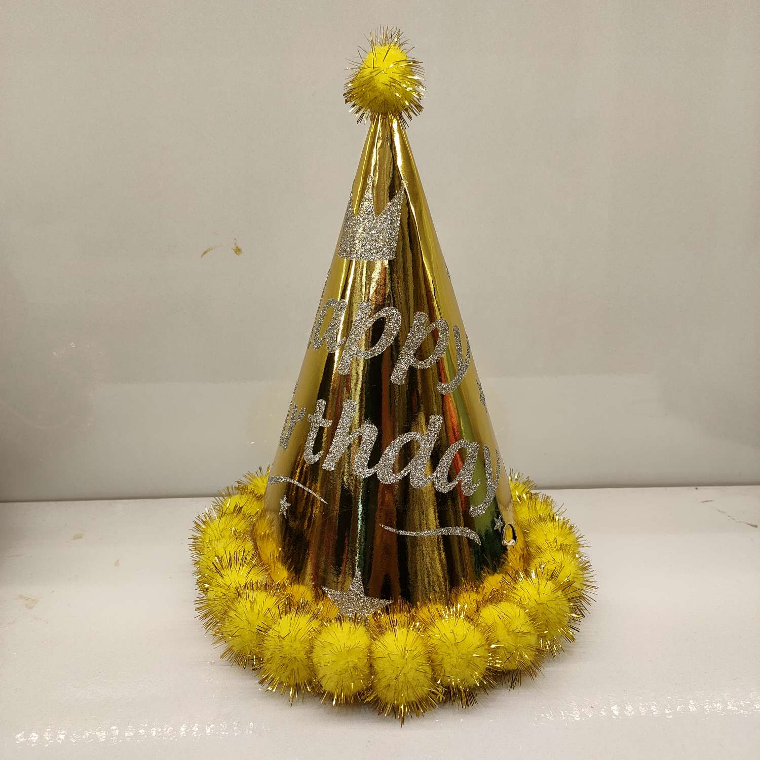 生日快乐装饰一次性帽子派对三角帽金葱帽烫金球球帽生日帽现货批发
