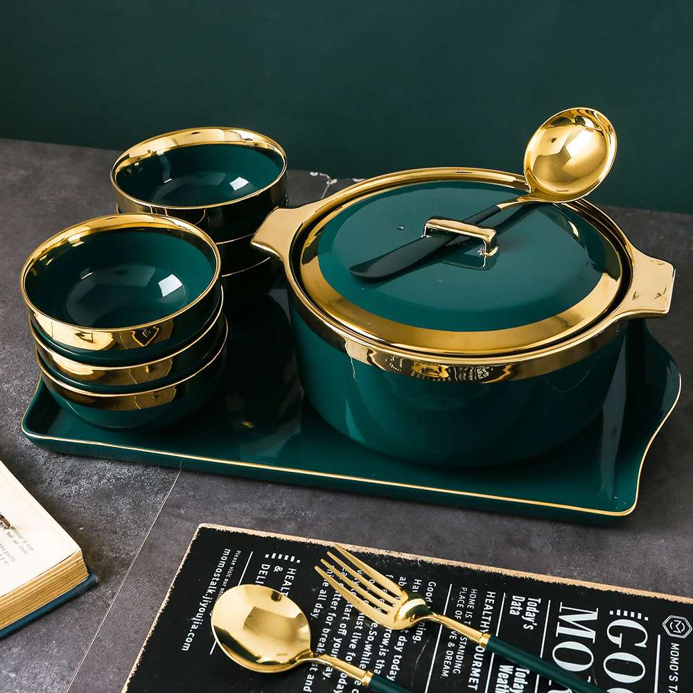 北欧轻奢金边汤碗家用大号汤盆防烫双耳陶瓷带盖勺品锅大容量汤碗详情图6
