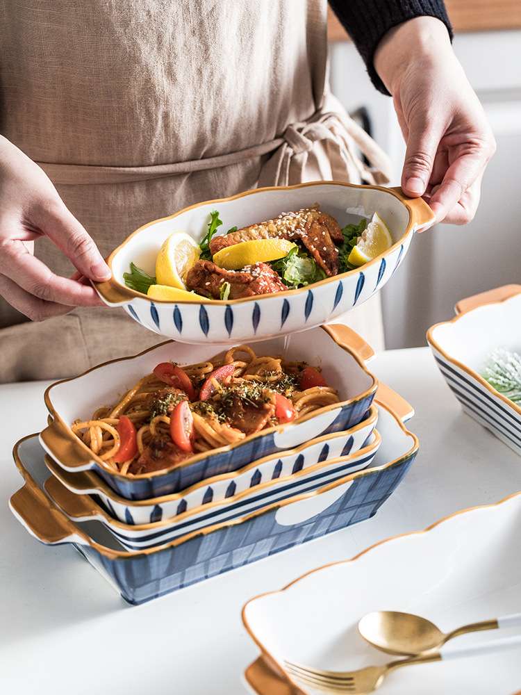 Ceramic double-ear baking tray, cheese rice baking tray, oven bowl, microwave suitable salad bowl undefined