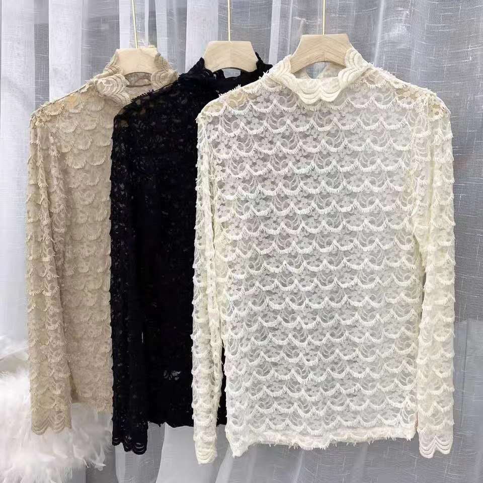 Eyelash lace bottom blouse women's style small mesh blouse women's Spring and Autumn new long-sleeved half-neck lace blouse thumbnail