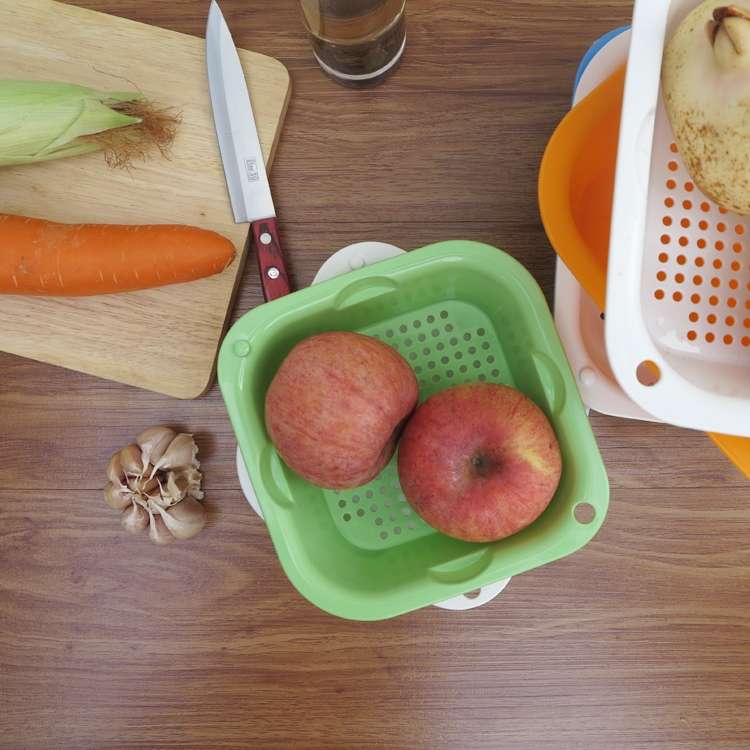 Plastic double wash basket kitchen with cover dustproof fruit and vegetable asphalt basket preservation basket multi-functional vegetable basket 735 3306 Blue pink, green beige