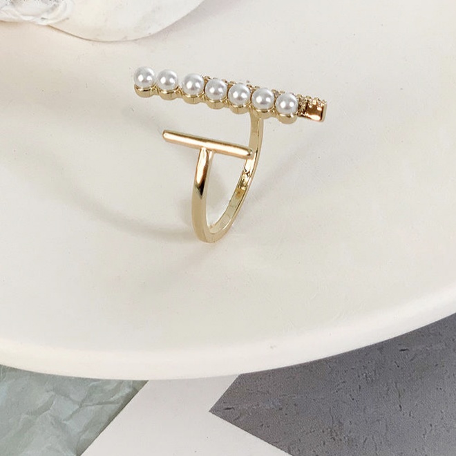 Minimalist design sense ring micro-inlaid zircon hollow square pearl ring a shape geometric pearl index finger ring