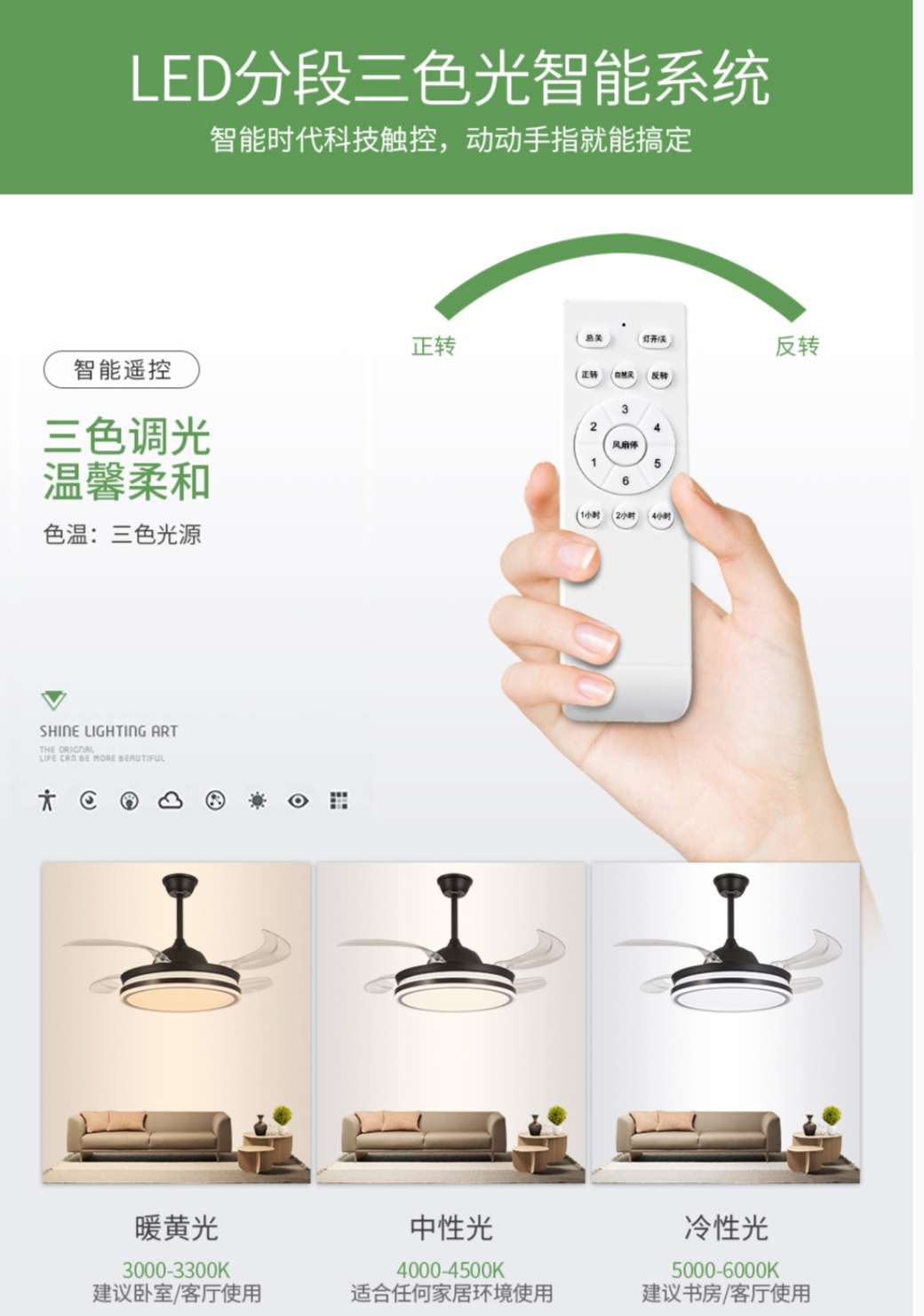 Iron art acrylic dining room, living room, bedroom and study, simple and modern fan lamp, 42 inches Application Scenario