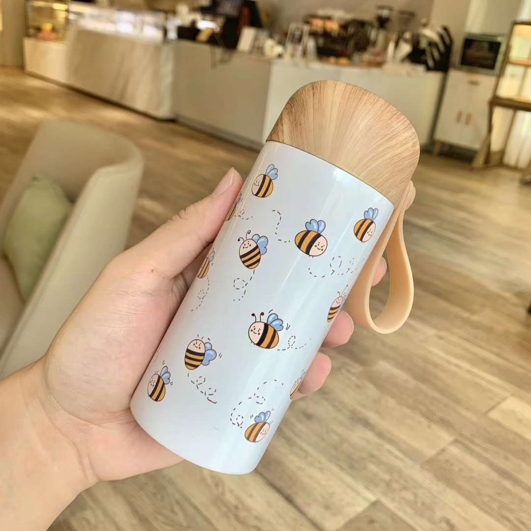 口袋杯QQ杯迷你杯不锈钢真空保温便携吊带杯木纹盖白底实物图