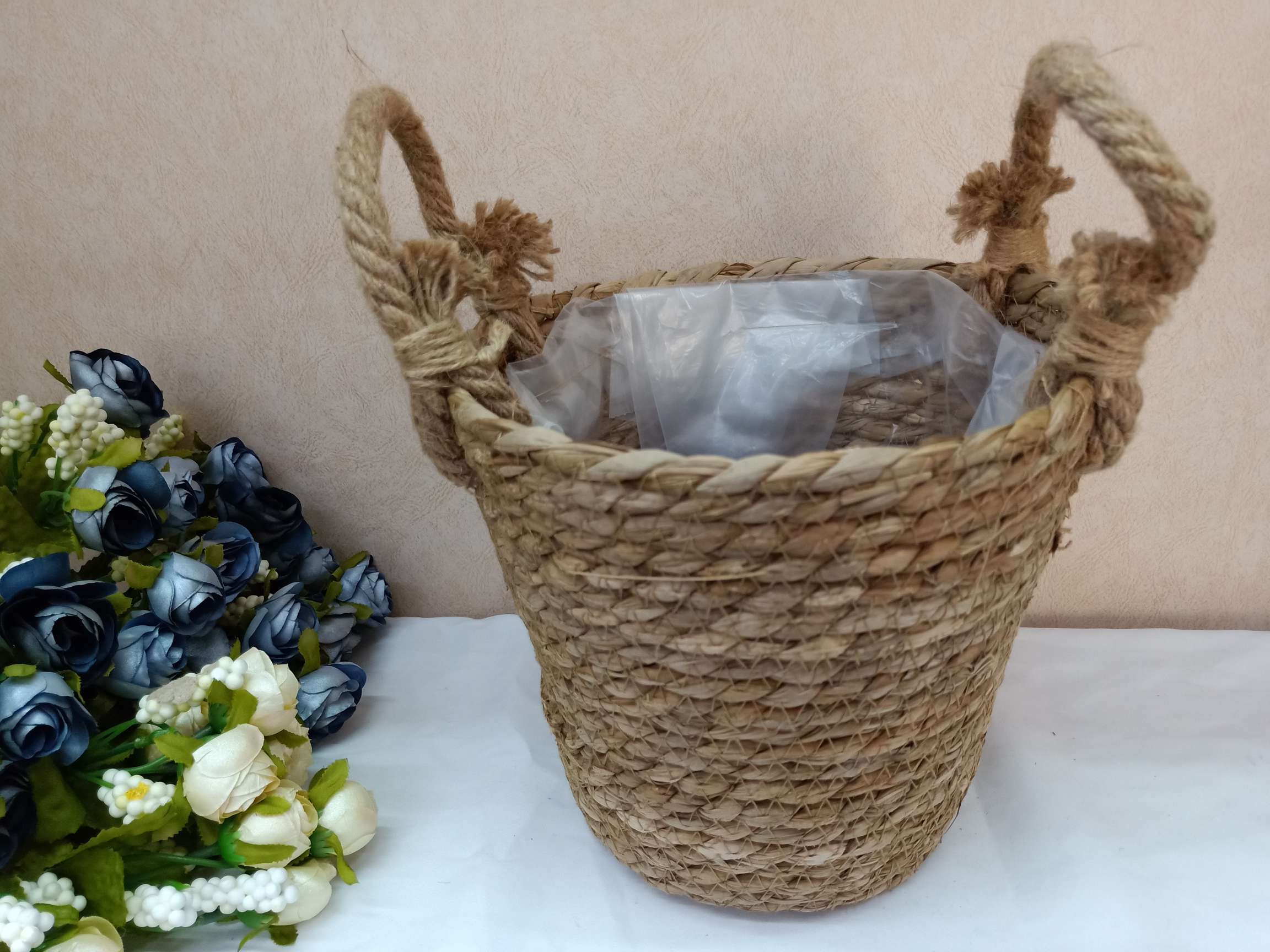 浩克田园风草编花篮花器 麻绳装饰 收纳摆件044详情4