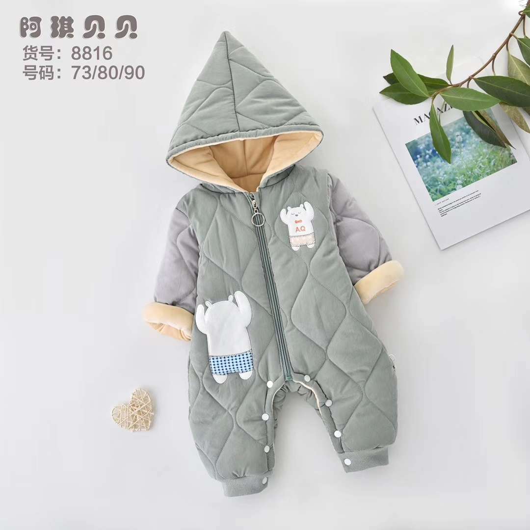 新生宝宝加厚带帽开脚连体衣，婴幼儿外出爬服详情图2