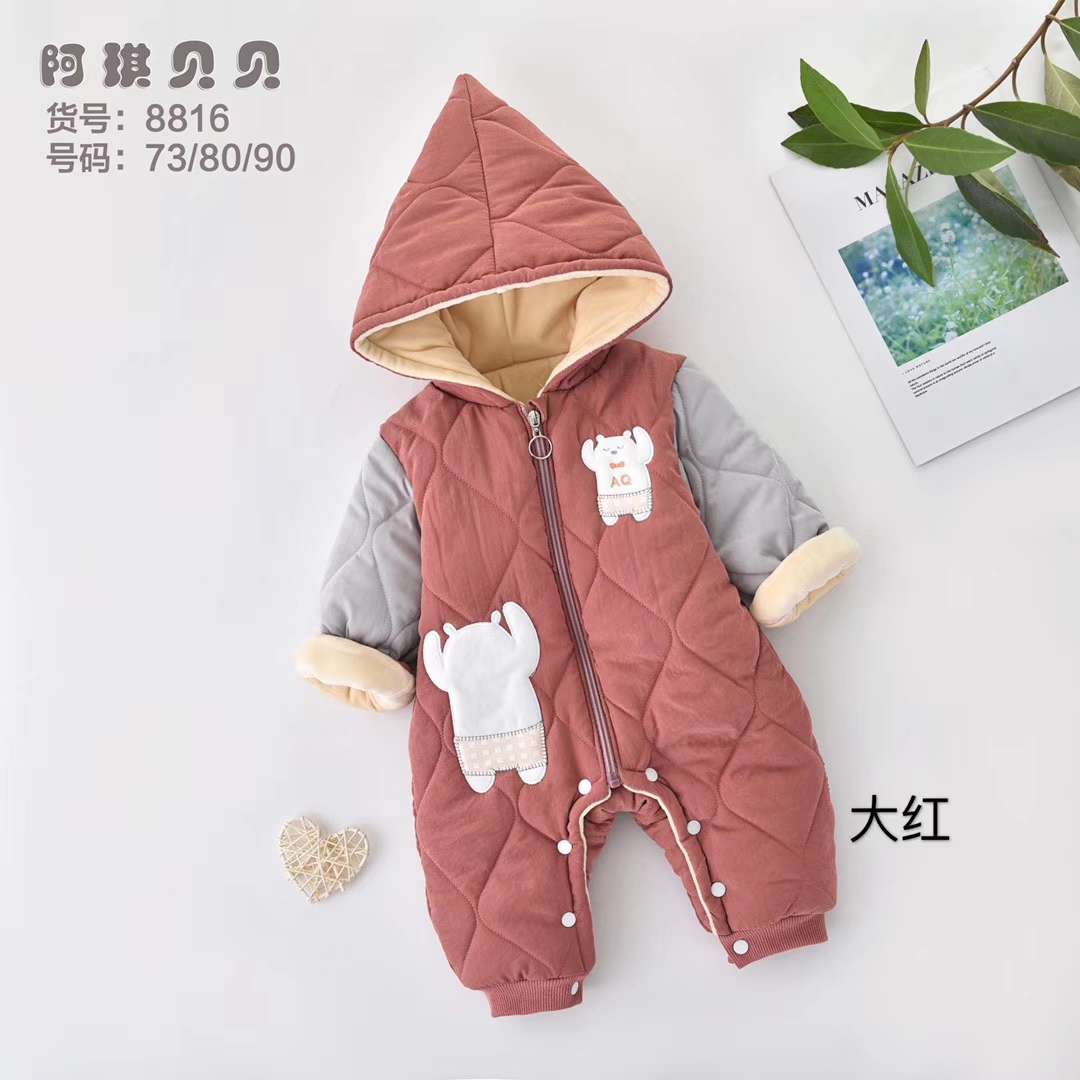 新生宝宝加厚带帽开脚连体衣，婴幼儿外出爬服详情图3