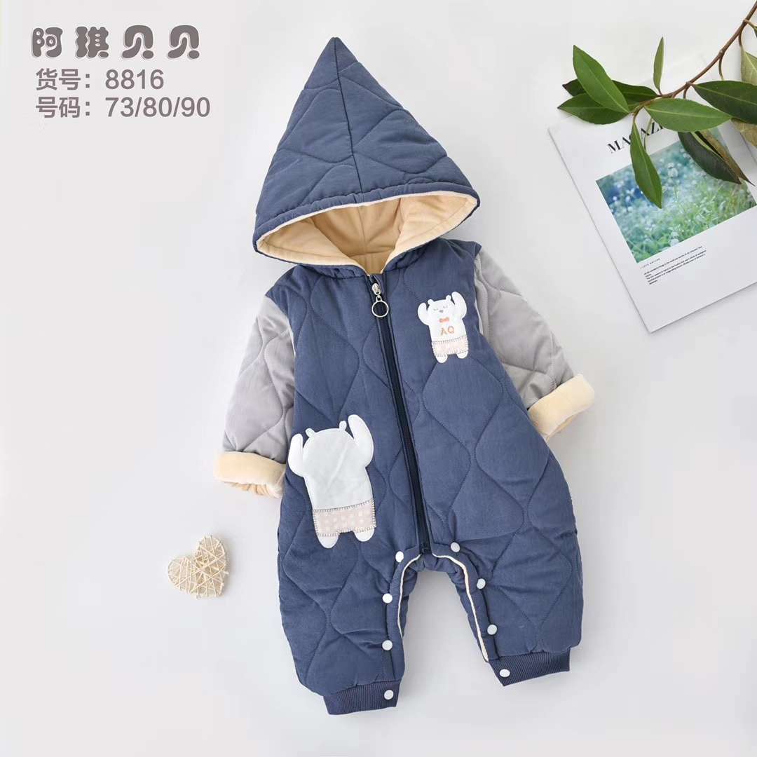 新生宝宝加厚带帽开脚连体衣，婴幼儿外出爬服详情图1