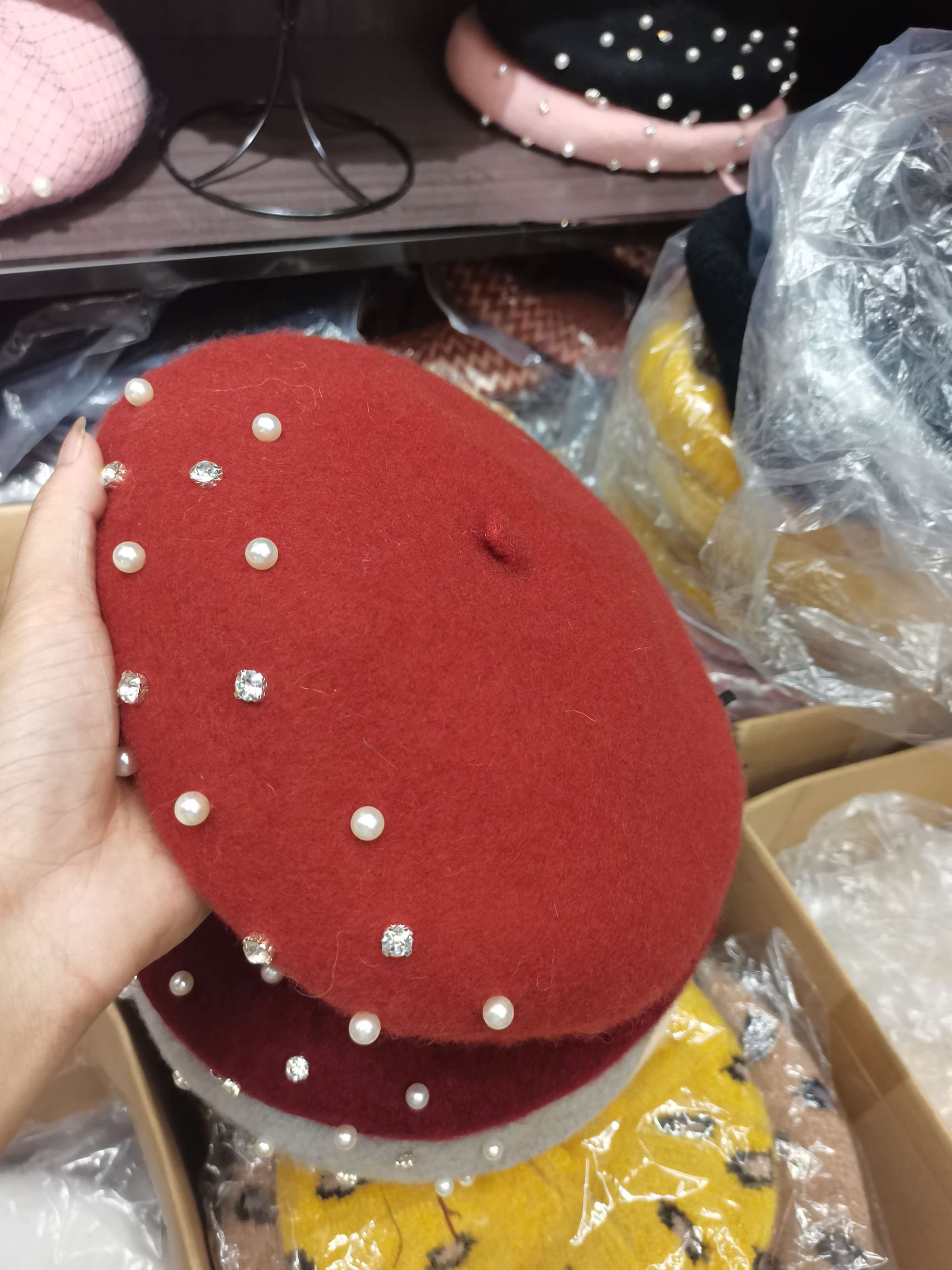 Rhinestone Pearl Wool Beret Lady