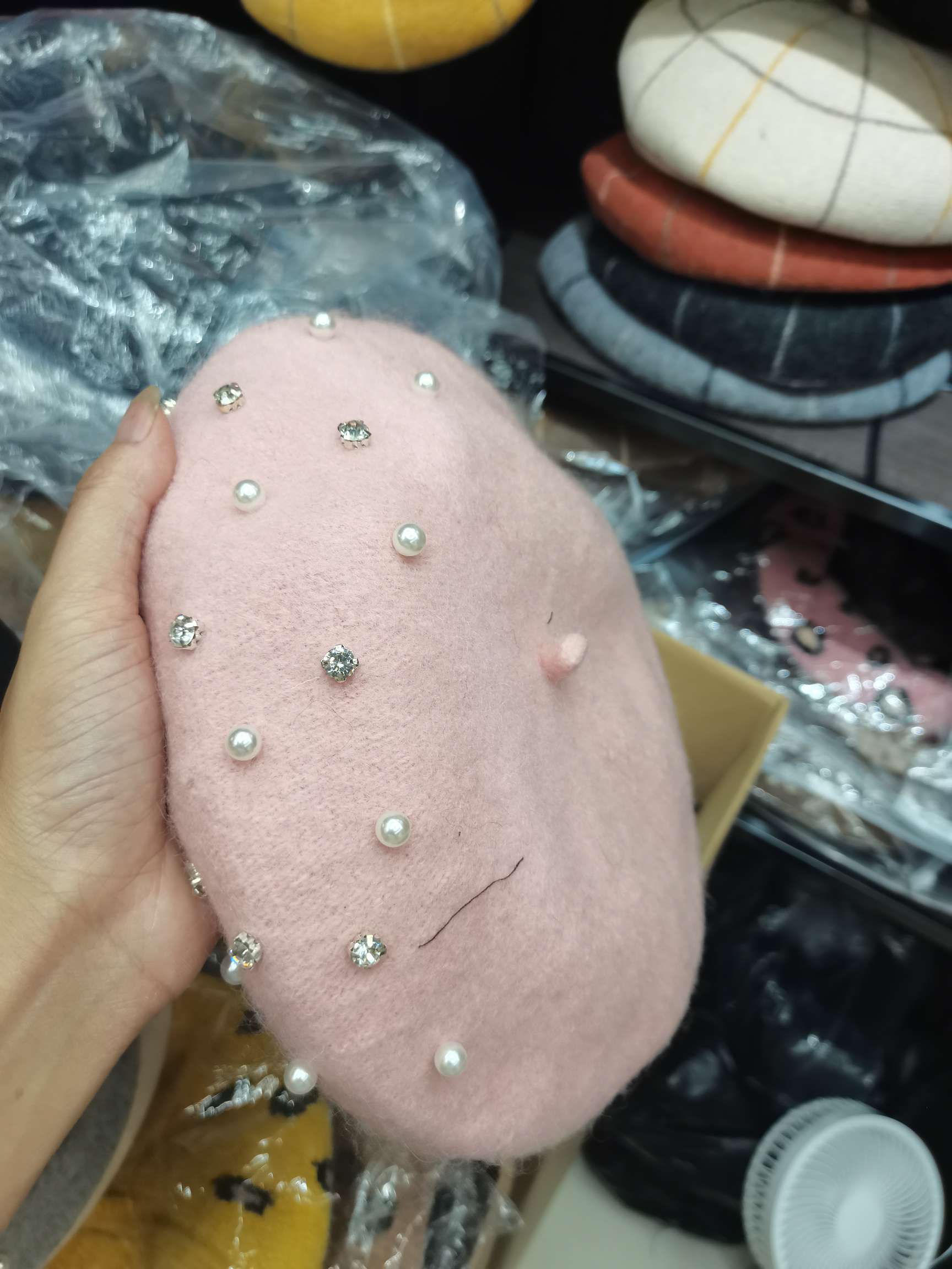 Rhinestone Pearl Wool Beret Lady full figure