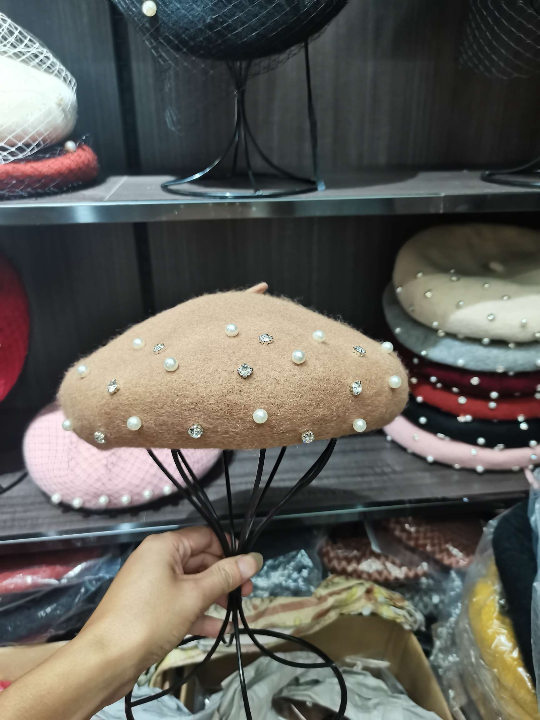Rhinestone Pearl Wool Beret Lady undefined
