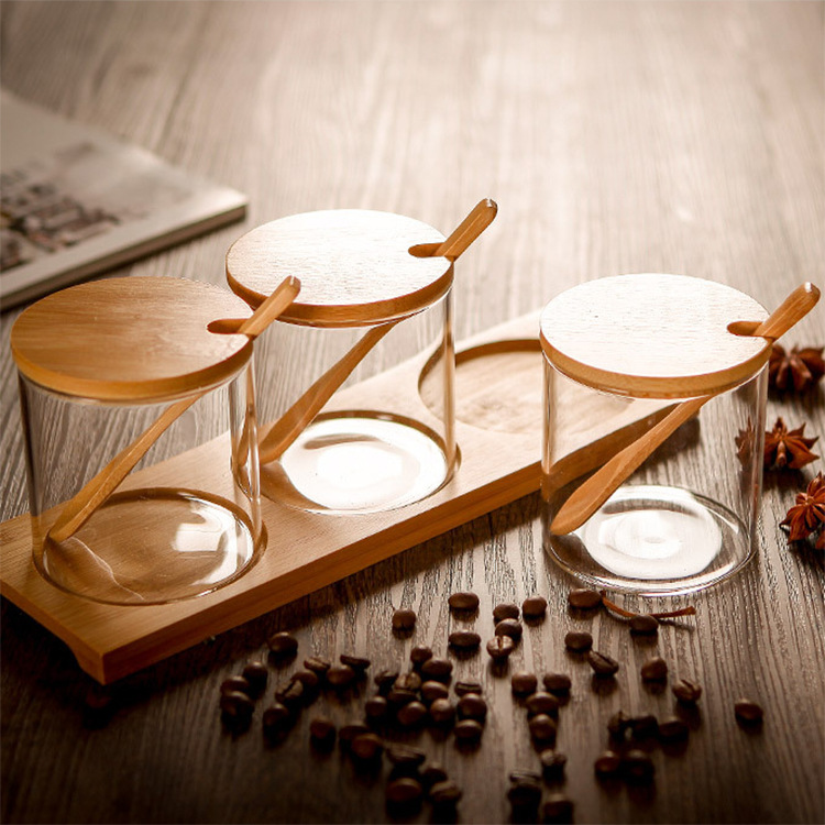 Seasoning Pot With Seat Three-Piece Seasoning Box With Bamboo Cover Seasoning Bottle With Square Base Item Picture