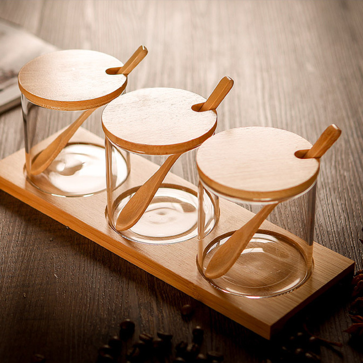 Seasoning Pot With Seat Three-Piece Seasoning Box With Bamboo Cover Seasoning Bottle With Square Base undefined