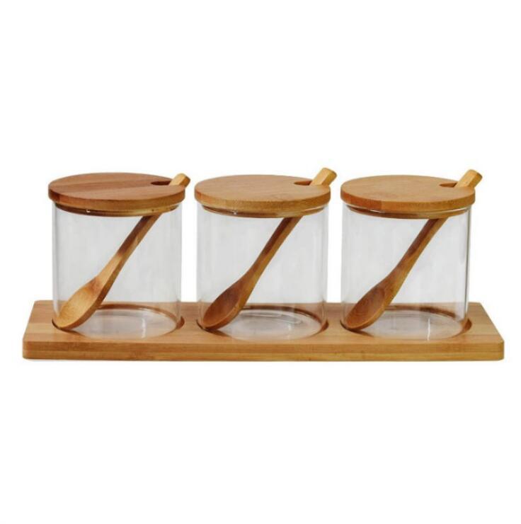 Seasoning Pot With Seat Three-Piece Seasoning Box With Bamboo Cover Seasoning Bottle With Square Base details Picture