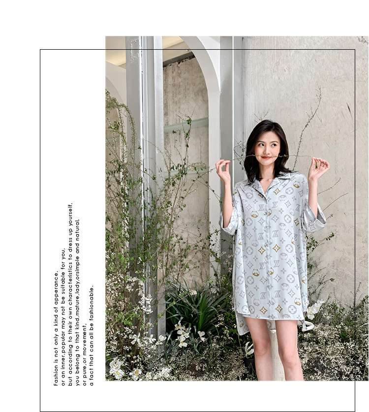 pajamas丝绸家居服睡衣女夏性感衬衫式短袖中长款睡袍睡裙详情图4