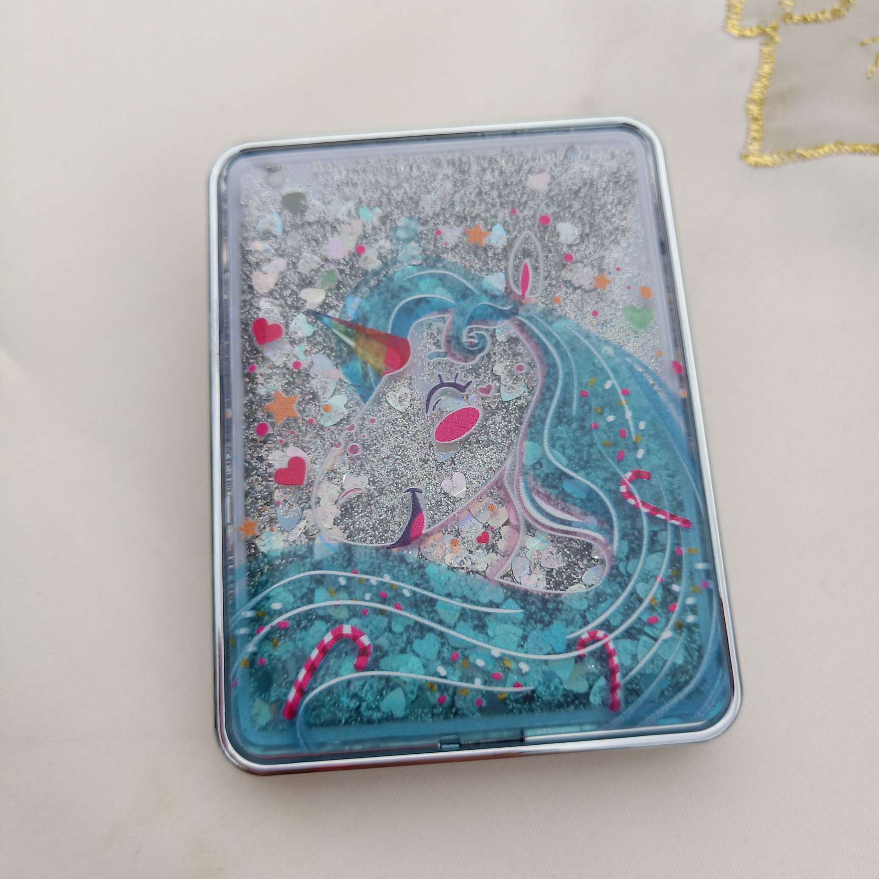 简约卡通独角兽流沙折叠镜子随身便携学生美少女口袋美容小镜子广告礼品定制圆镜子细节图