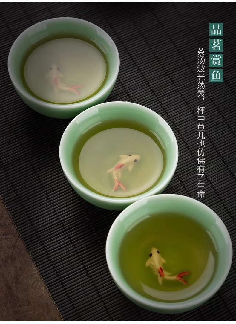Koi tea set, one pot, six cups, Kung Fu cups, ceramic cups, tea cups, Tao Li Family 060 detail image 6