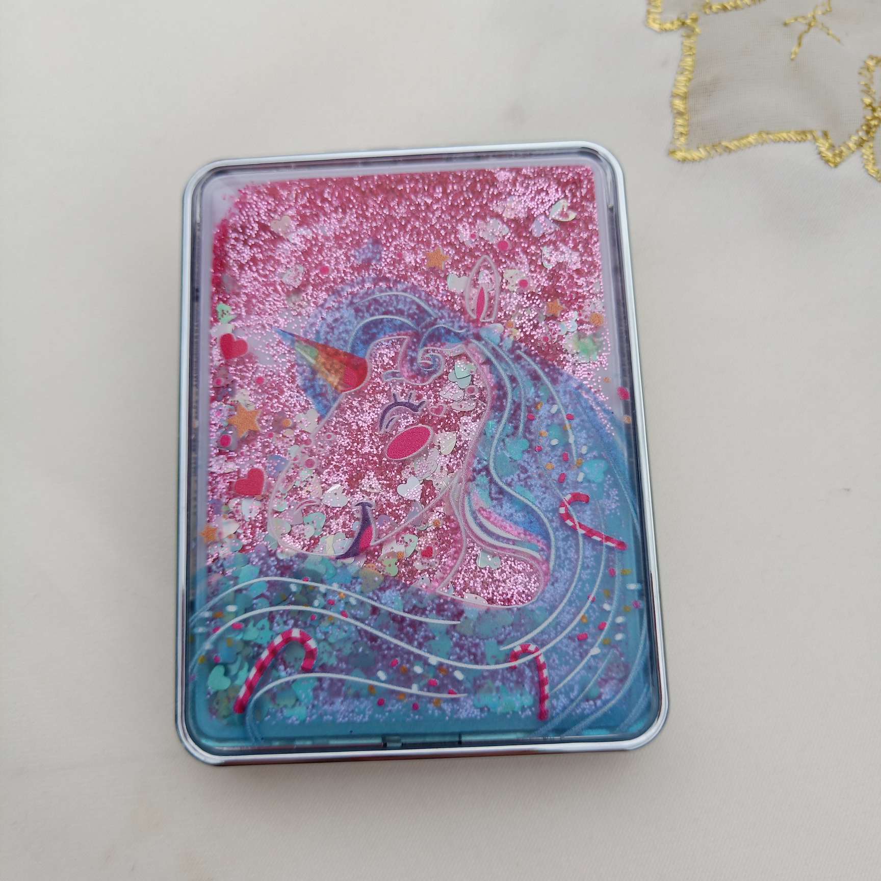 简约卡通独角兽流沙折叠镜子随身便携学生美少女口袋美容小镜子广告礼品定制圆镜子白底实物图