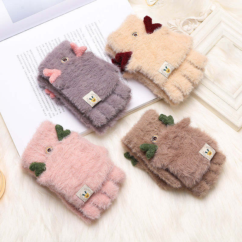 新款仿貂毛保暖针织半指翻盖手套可爱小熊翻盖手套详情图3