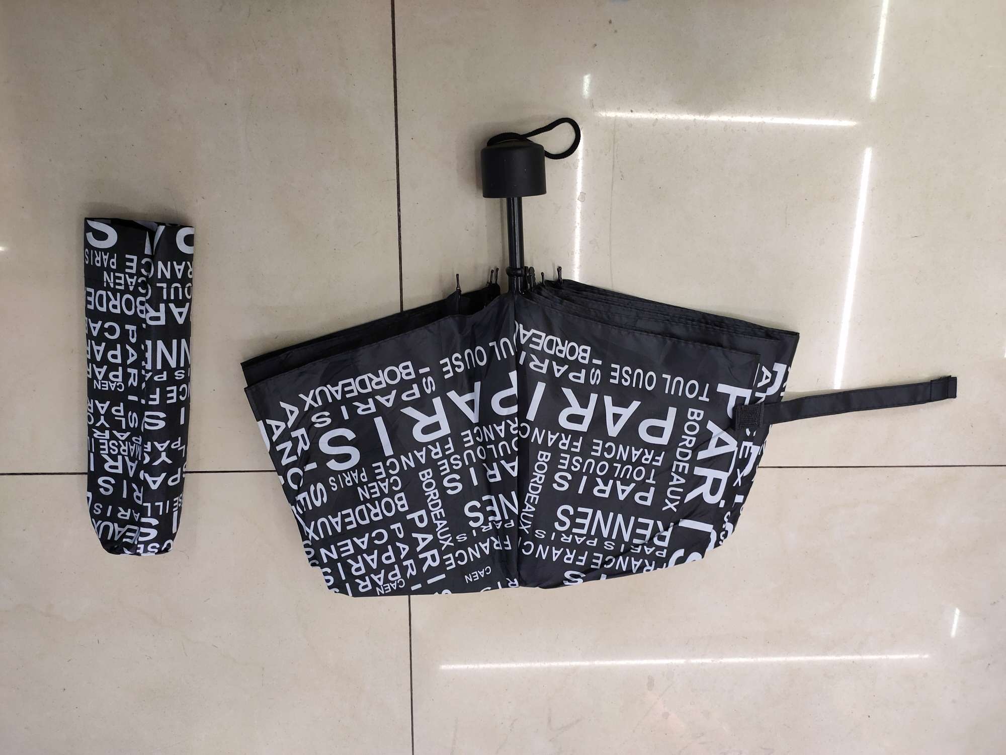 55cm8k three-fold ultra-mini umbrella, polyester silk fabric printed with Parisian letters detail image 4