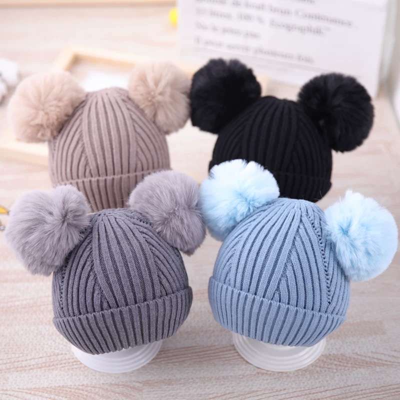 Korean version of large double ball wool hats 3 months -3 years old boys and girls woolen hats trendy baby hats thumbnail