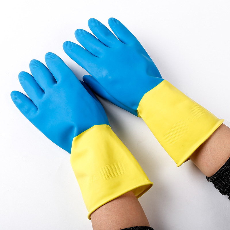 亚马逊32cm双色工业手套厨房清洁耐用乳胶清洁防水橡胶手套80g图