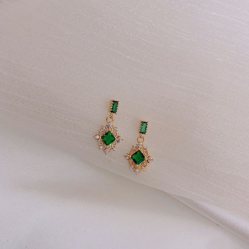Emerald earrings Light luxe zircon micro-set earrings Elegant temperament female girl earrings 925 sterling silver silver needle