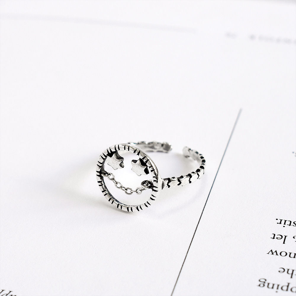 Personality retro smiley ring s925 sterling silver ring trend women's five-pointed star silver ring Dongdaemun jewelry