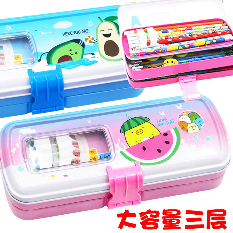 Tinplate, iron writing case, three layers with buckle, large capacity, cartoon pattern thumbnail