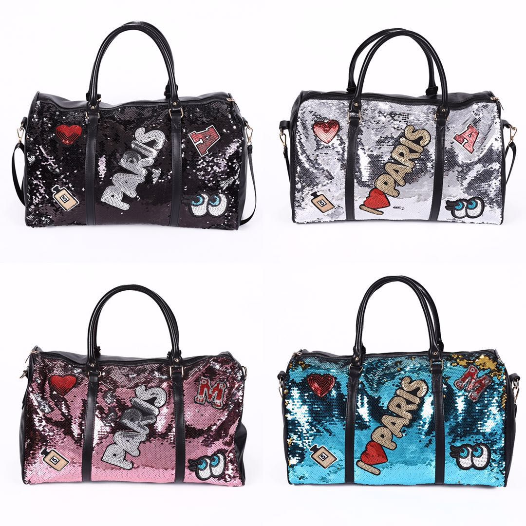 时尚亮片休闲手提包，大号桶包旅行包，可以自选商标，现货颜色多图