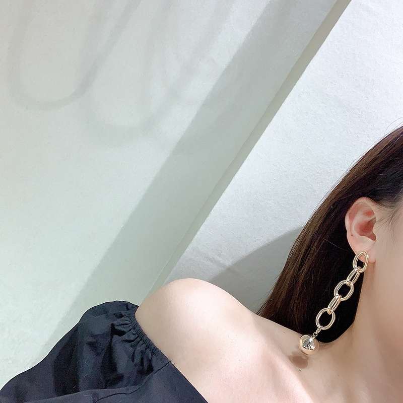 925银针 韩国时尚夸张耳针长款链子空心球吊坠耳环爆款WW