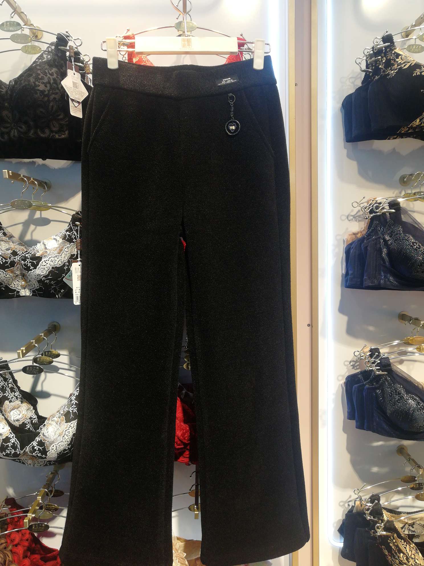 Pants 1 are thick and black, looking high-end