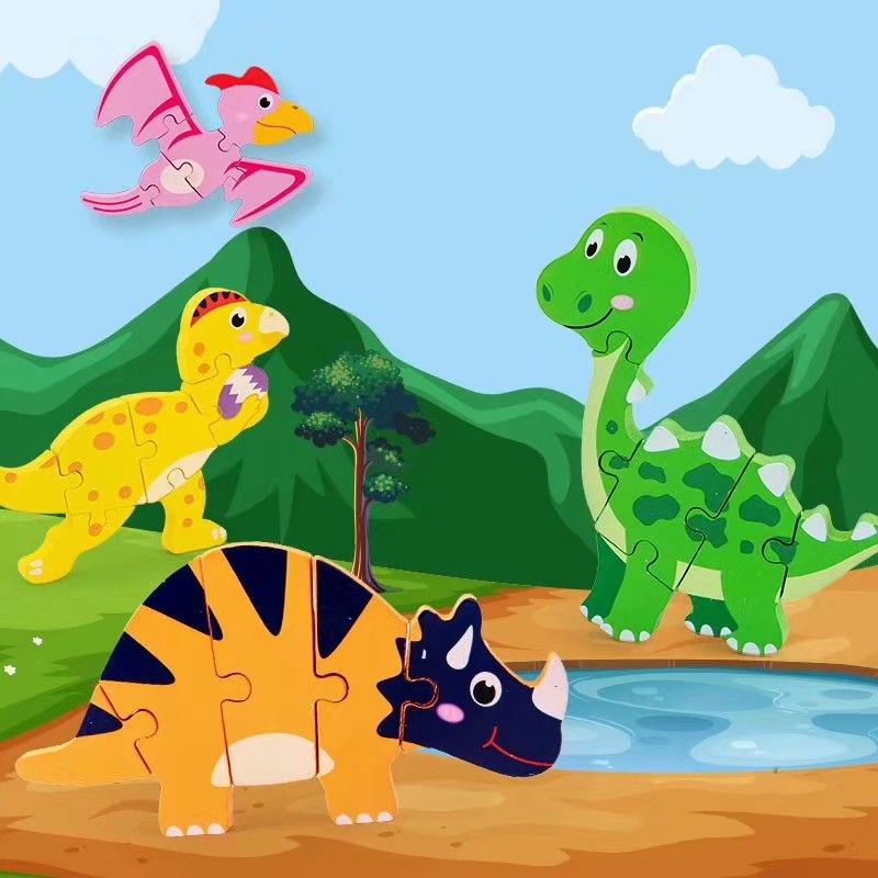十二款恐龙可选翼龙霸王龙色彩丰富学英文早教木质卡通动物交通拼图立体木质拼图早教认知拼图
