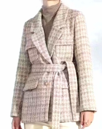 Beige wool checkered children's top, formal suit collar fashionable mid-belt, classic business attire