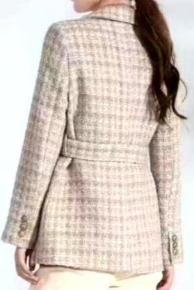 Beige wool checkered children's top, formal suit collar fashionable mid-belt, classic business attire details Picture