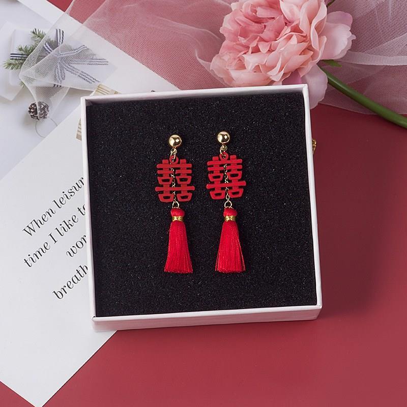 Festive red bride happy word 925 silver earring