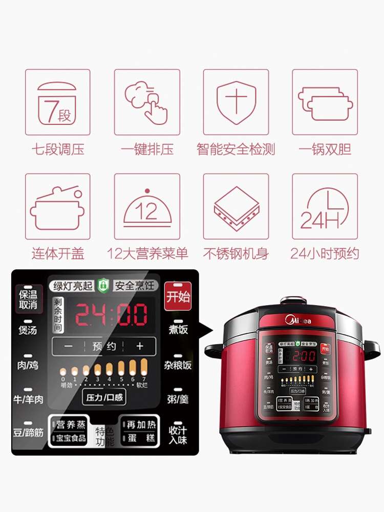 美的电压力锅家用智能5L升双胆电高压锅全自动小饭煲2特价3-4-6人产品图