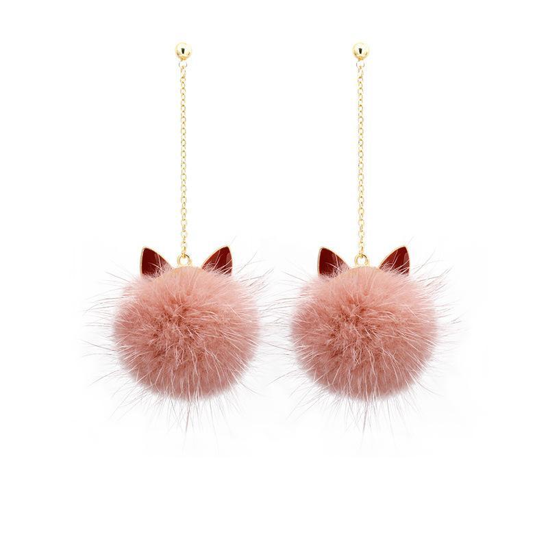 Cat ears Mink hairball earrings Feminine Korean personality Everything long winter plush earrings drop earrings