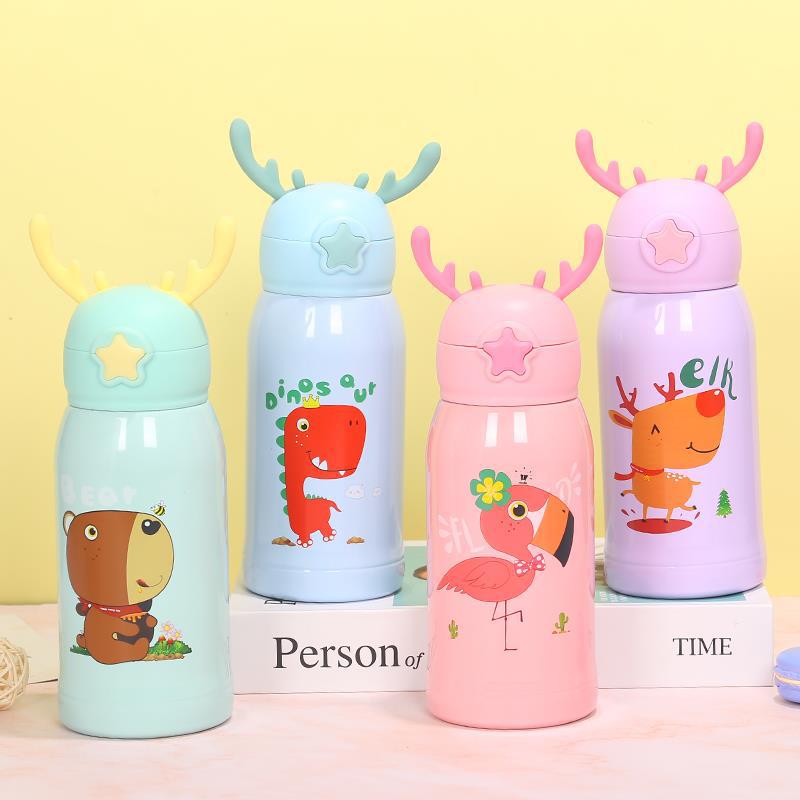 Yiwu Good Goods Anti-Fall Stainless Steel Children's Thermos Cup With Straw Dual-Purpose Children Students Can Use Cartoon Antler Cute Can Customize Logo Color Random Delivery Item Picture