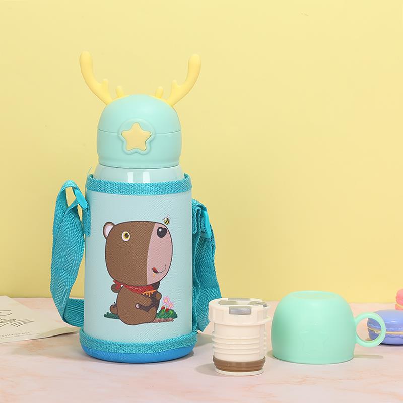 Yiwu Good Goods Anti-Fall Stainless Steel Children's Thermos Cup With Straw Dual-Purpose Children Students Can Use Cartoon Antler Cute Can Customize Logo Color Random Delivery undefined