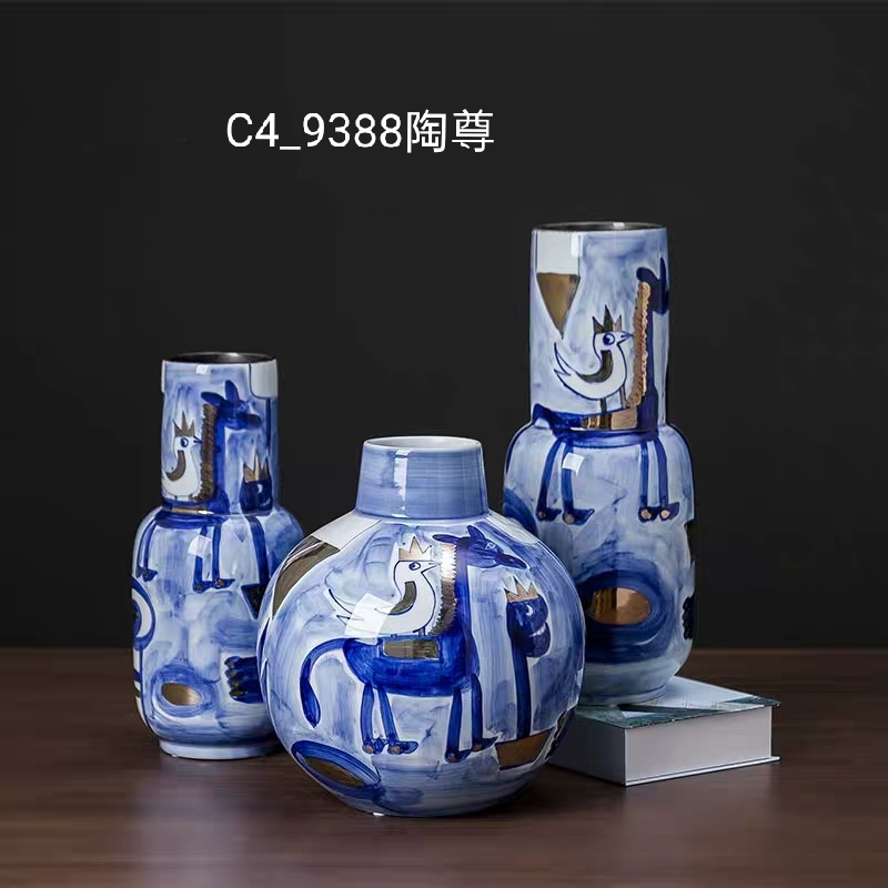 景德镇厂家直销创意青花陶瓷花瓶套装摆件新中式客厅青色插花瓶图