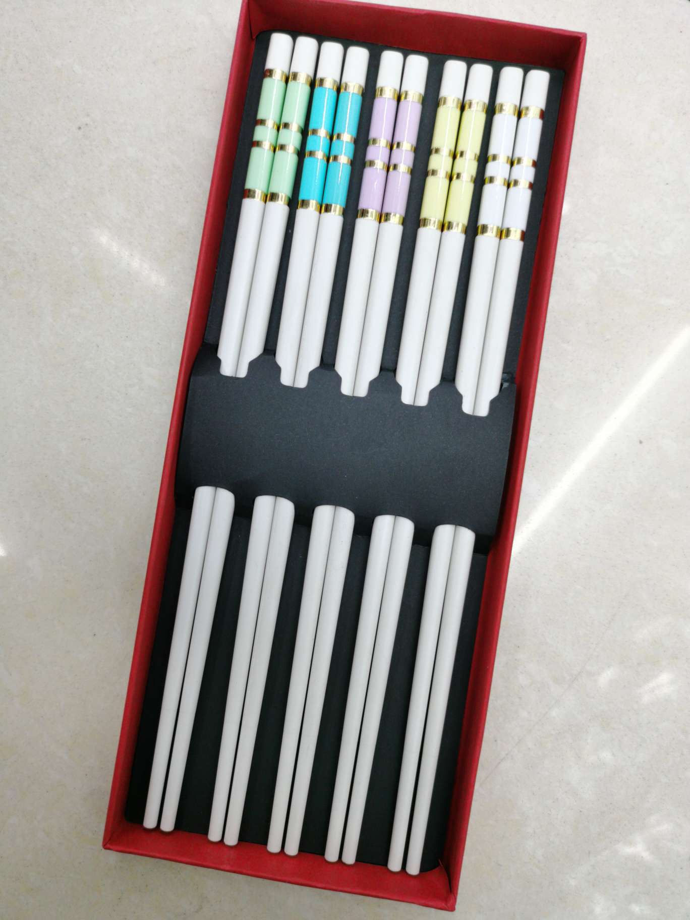 合金筷5色5双包装礼品盒套装合金筷子防霉防滑耐高温消毒筷子产品图